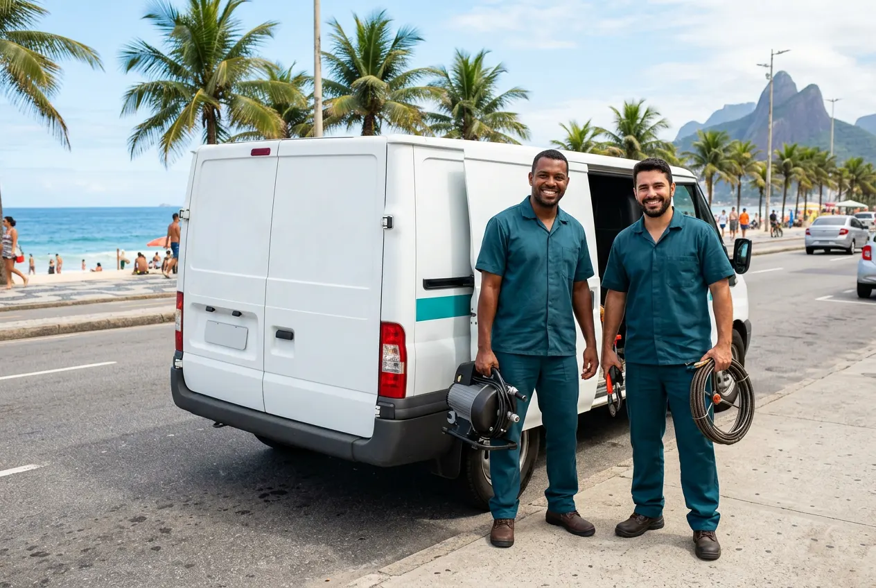 Equipe da Desentope Maresias uniformizada com van equipada em rua litorânea de São Sebastião, litoral de São Paulo